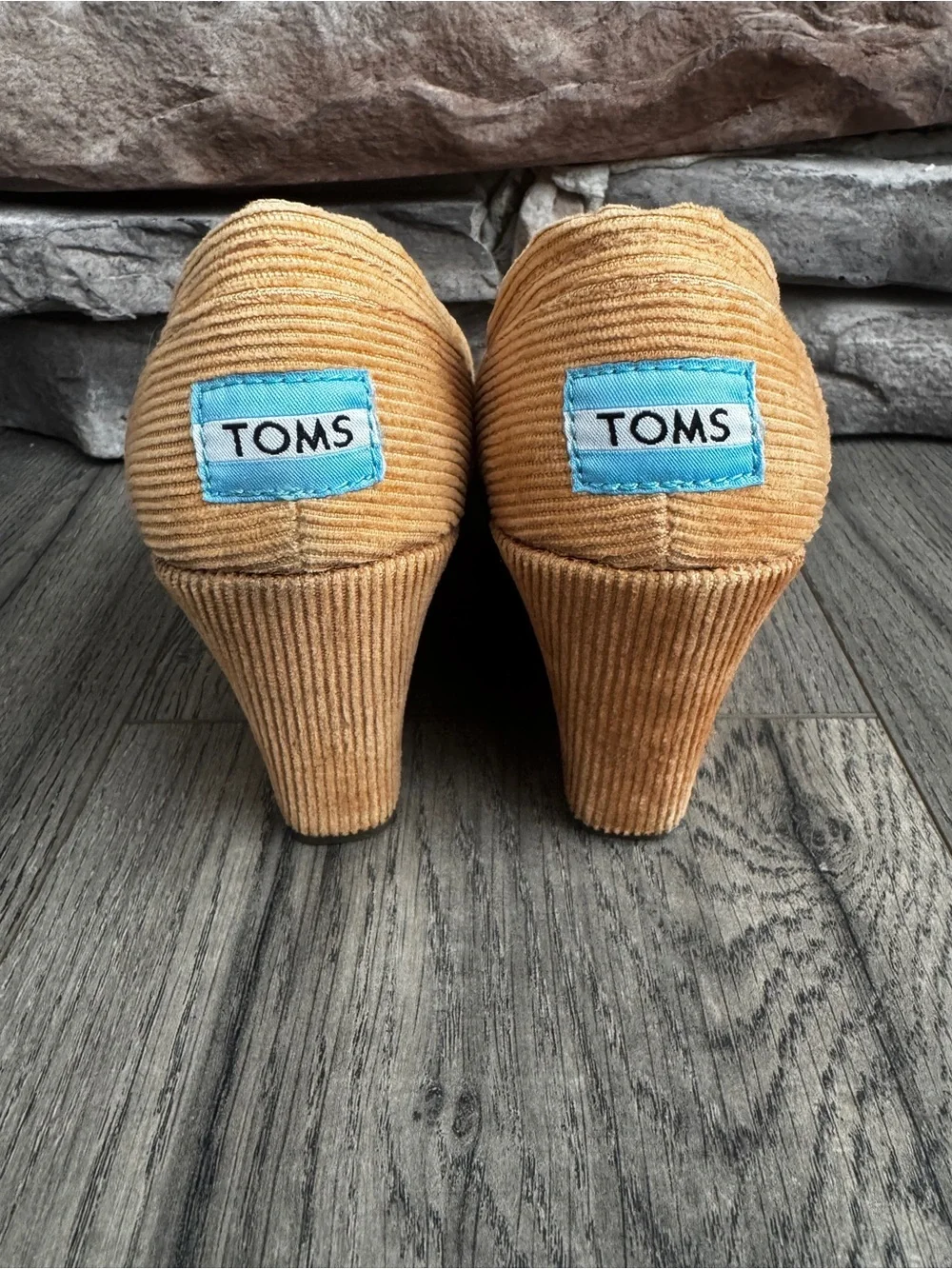 TOMS Khaki Tan Corduroy Peep-Toe Calypso Wedge Slip-Ons-6.5 3” Wedge